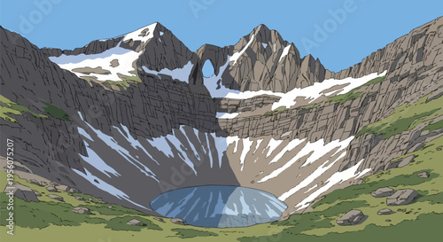 Stunning cartoon illustration of a snow-capped mountain range surrounding a glacial lake in a dramatic crater