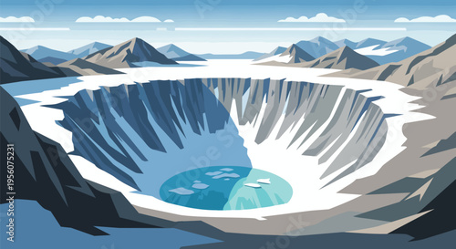 Stark icy chasm with a frozen lake nestled deep within a dramatic polar mountainous landscape under a pale blue sky