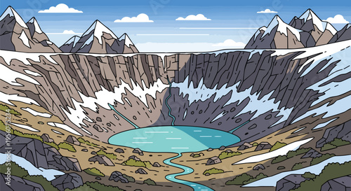 Vibrant cartoon landscape illustration depicting a majestic snow-capped mountain range, a colossal crater, and a serene turquoise lake at its base
