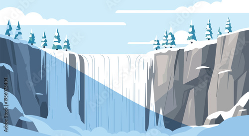 Majestic winter waterfall cascades between impressive snow-laden cliffs topped with serene evergreen trees under a tranquil blue sky a beautiful