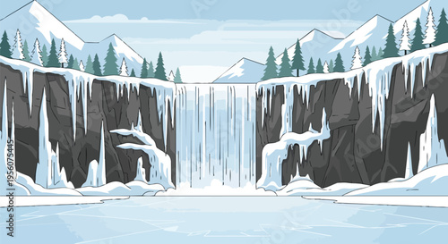 Majestic winter waterfall between ice-covered cliffs, adorned with sharp icicles. Snow-capped mountains and evergreen trees frame a serene frosty