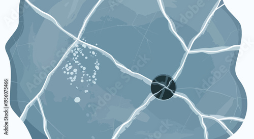 Fractured ice surface with radiating cracks and air bubbles, featuring a prominent circular opening, illustrating the delicate beauty of frozen