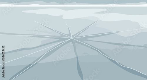 Vast expanse of frozen water with intricate starburst fracture patterns stretching across the cold surface under a muted sky