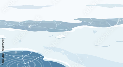 A tranquil winter scene illustrating fractured ice sheets over blue water. Gentle snowflakes descend onto pristine snow. This quiet, frosty