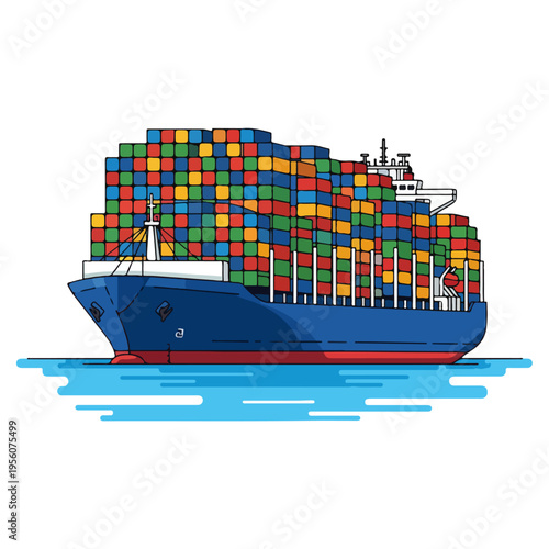 Colorful Container Cargo Ship Flat Vector Illustration