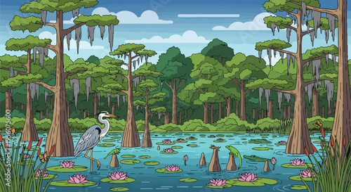 An enchanting cartoon bayou landscape teeming with life a stately heron wades gracefully amidst delicate pink lotus blooms and towering cypress