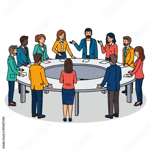 diverse business team roundtable meeting flat vector illustration template