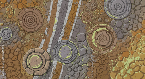 Mysterious Textured Earth Surface with Fossil-like Circles and Layered Strata Illustration