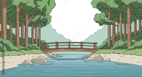Tranquil illustrated river scene with wooden bridge, lush forest, and flowing water