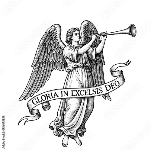 Black and white engraving of a glorious angel proclaiming 'Gloria in Excelsis Deo' with a trumpet
