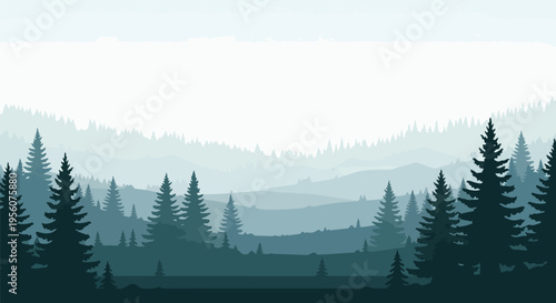 Expansive serene layered forest landscape featuring numerous coniferous trees extending across rolling hills under a gentle, expansive sky,
