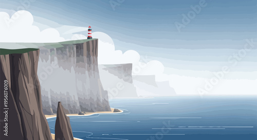 Solitary striped lighthouse perched on majestic coastal cliffs overlooking a serene, vast ocean panorama
