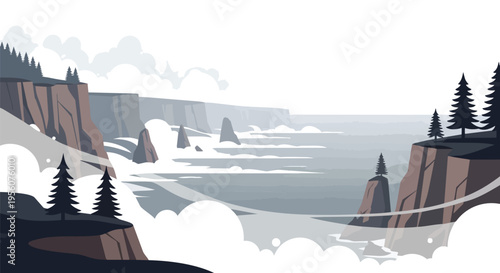 A captivating minimalist vector illustration portraying a serene coastal landscape with majestic cliffs and sparse pine trees overlooking a misty