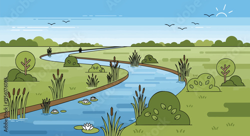 Serene wetland ecosystem with winding river, vibrant greenery, and flying birds under a clear sky