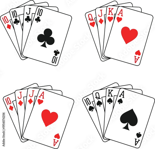 Four Hands of Playing Cards with Various Suits and Values for Design Use