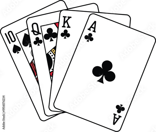 Four Spade Playing Cards: 10, Queen, King, Ace   Vector Illustration