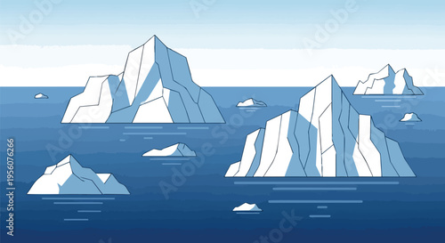 A stylized vector illustration portraying multiple majestic icebergs gracefully drifting across the vast expanse of the deep blue arctic ocean under