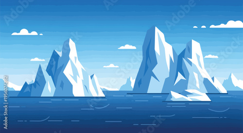 Expansive arctic vista showcasing magnificent, sharply rendered ice formations majestically navigating the tranquil, deep blue polar waters beneath