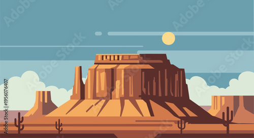 Stylized desert landscape showcasing monumental mesas, arid terrain, and vibrant sky with sun and cacti