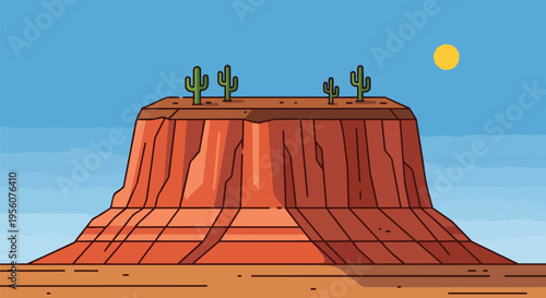 Stylized desert scene featuring a large mesa, cacti, and a sunny blue sky