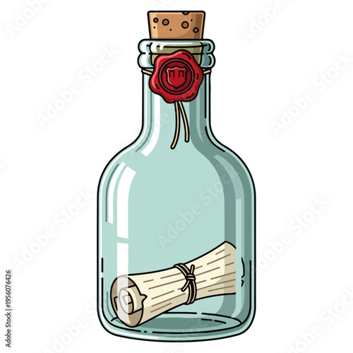message in a bottle with wax seal cartoon vector illustration