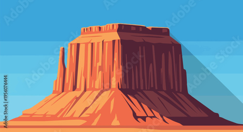 Vibrant desert mesa illustration with distinct geological features, showcasing dramatic arid landscape under a clear blue sky, casting long, sharp