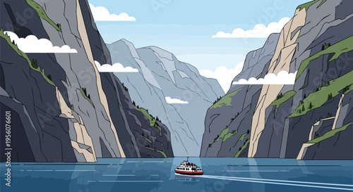 Majestic fjord landscape with a scenic tour boat navigating between imposing steep cliffs under a bright sky a tranquil illustration of nature's