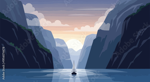 Serene fjord navigation at dawn, a solitary sailboat gliding through majestic mountain waterways