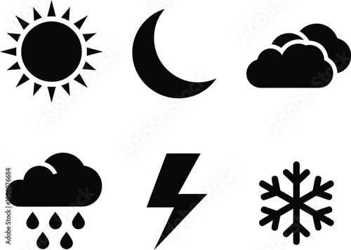 Weather Icons Set   Minimalist Sun Moon Cloud Rain Snow Lightning Symbols