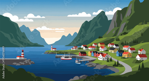 A picturesque village nestled amidst towering mountains, depicted with a tranquil bay, lighthouses, fishing boats, and colorful homes winding along