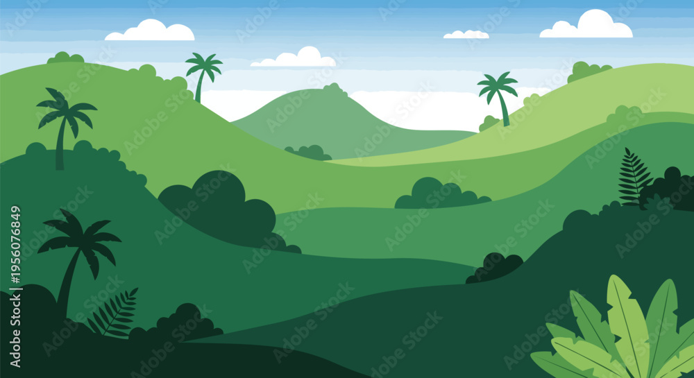 Obraz premium Stylized tropical landscape with green hills, palm trees, and clouds.