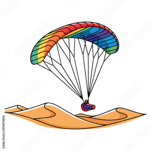 Rainbow Paraglider Over Desert Dunes Cartoon Vector Illustration