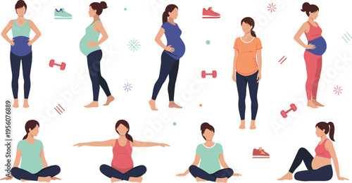 Pregnant Women Lifestyle and Fitness Illustration Set with Maternity Exercise Poses Daily Activities and Healthy Pregnancy Wellness Vector Collection