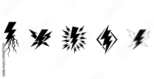 Set of Minimalist Lightning Bolt Icons – Black and White Electric Power and Energy Flash Symbols – Flat Vector Thunder Shapes for Weather, Electricity, and High-Voltage Technology Design