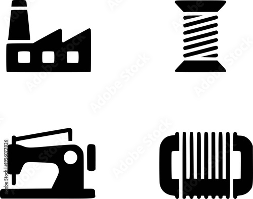 Black of factory sewing machine spool of thread and accordion white background