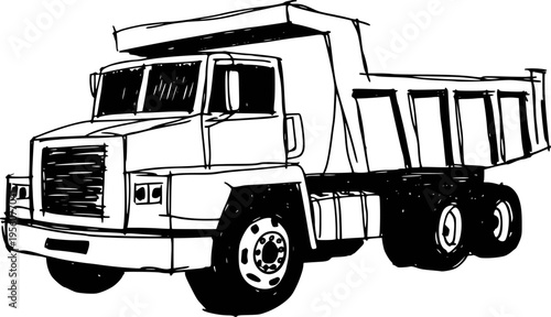 Black and white of a heavy duty dump truck with large wheels and a tilted cargo bed
