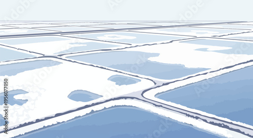 An extensive aerial landscape presenting the mesmerizing patterns of geometric salt evaporation ponds beneath a vast, open sky, highlighting an