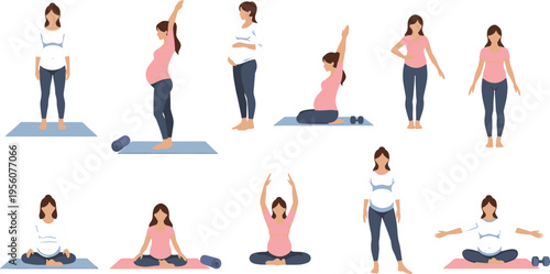 Pregnant Women Prenatal Exercise Illustration Set with Maternity Yoga Poses Stretching and Fitness Activities for Healthy Pregnancy Wellness Vector Collection