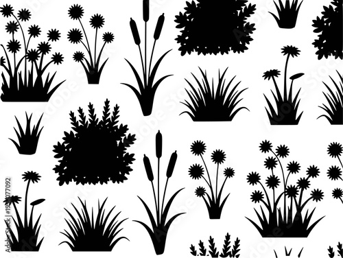 Black Silhouette Botanical Collection Various Grasses Flowers and Reeds plant