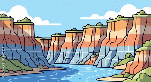 Vibrant cartoon illustration featuring a majestic canyon river winding gracefully through towering, colorful layered rock formations under a clear