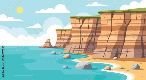 Picturesque cartoon coastal landscape illustration featuring layered cliffs overlooking a serene turquoise ocean with a sunny sky and fluffy white