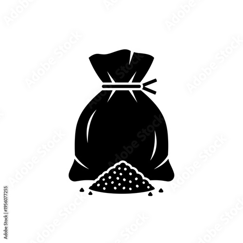 Black salt sachet with spilled granules isolated on white background, minimalist silhouette design