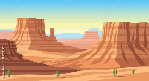 A captivating illustration of a grand desert landscape with monumental rock formations and resilient cacti under a serene sky
