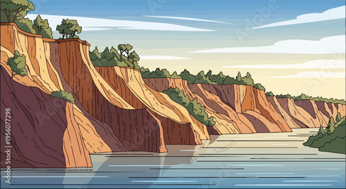 A captivating cartoon landscape illustration featuring a wide vibrant river flowing between majestic sun-kissed earthy cliffs beneath a serene