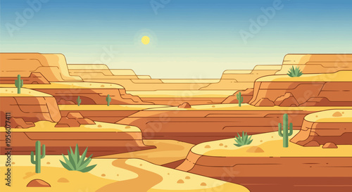 Expansive flat design desert vista featuring towering mesas and resilient flora under sun