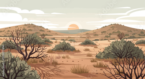Expansive desert landscape illustration featuring a vibrant sunset, distant undulating hills, resilient arid vegetation dotting dry, earthy terrain