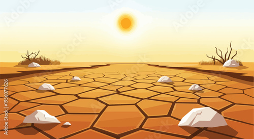 Vibrant illustration of an arid desert landscape under a scorching sun. The ground shows deep cracks, a clear sign of extreme drought and water