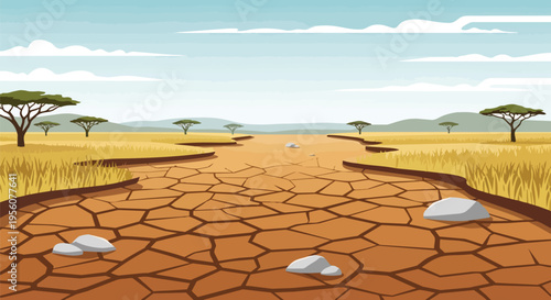 Arid savanna landscape with a parched, cracked riverbed under a vast sky, illustrating environmental challenges and resilience