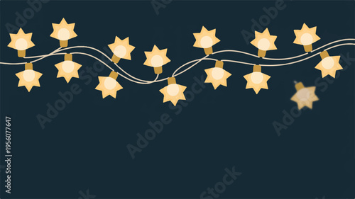 String of twinkling star-shaped lights on dark blue background with new year