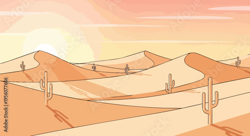 Sweeping desert landscape illustration at dawn showcasing a bright sun illuminating undulating sand dunes and numerous hardy saguaro cacti in a
